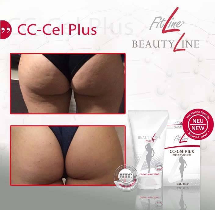 Rückansicht einer Person in schwarzer Unterwäsche, Cellulite sichtbar, mit Produktabbildungen.
