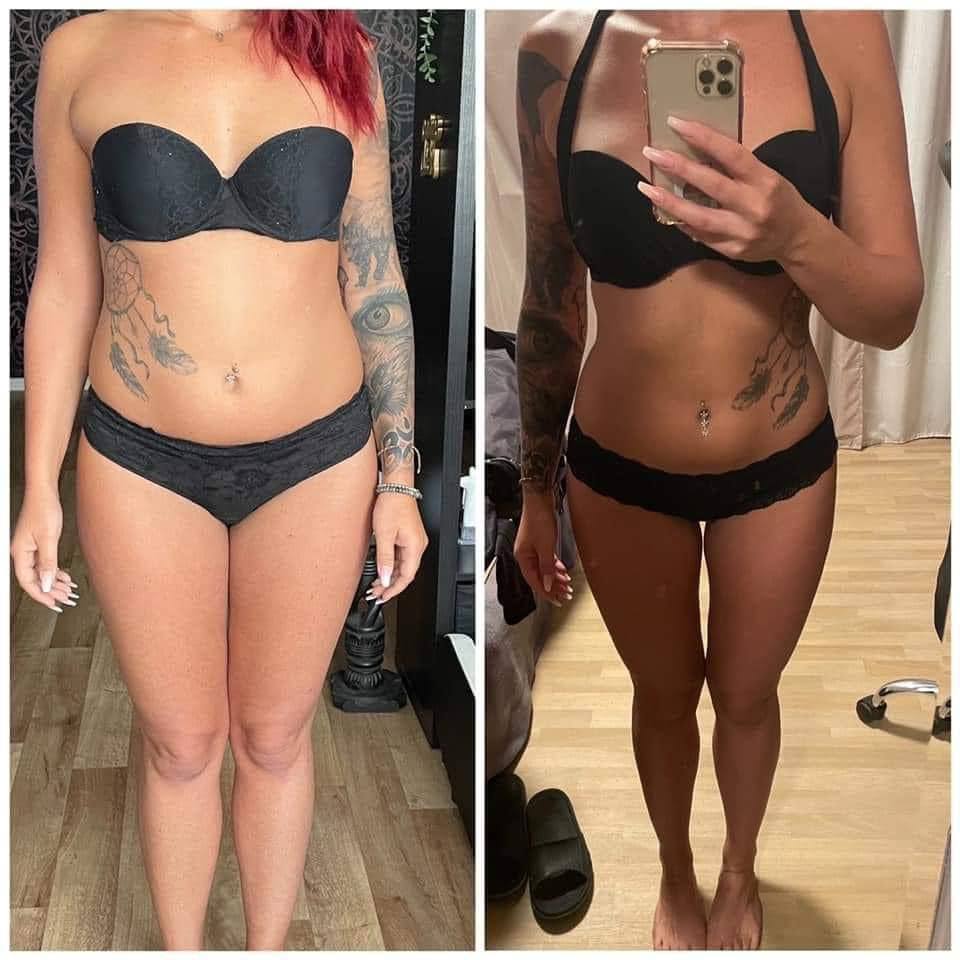 Vorher-nachher Bild einer Frau in schwarzer Unterwäsche, stehend, mit sichtbaren Tattoos.