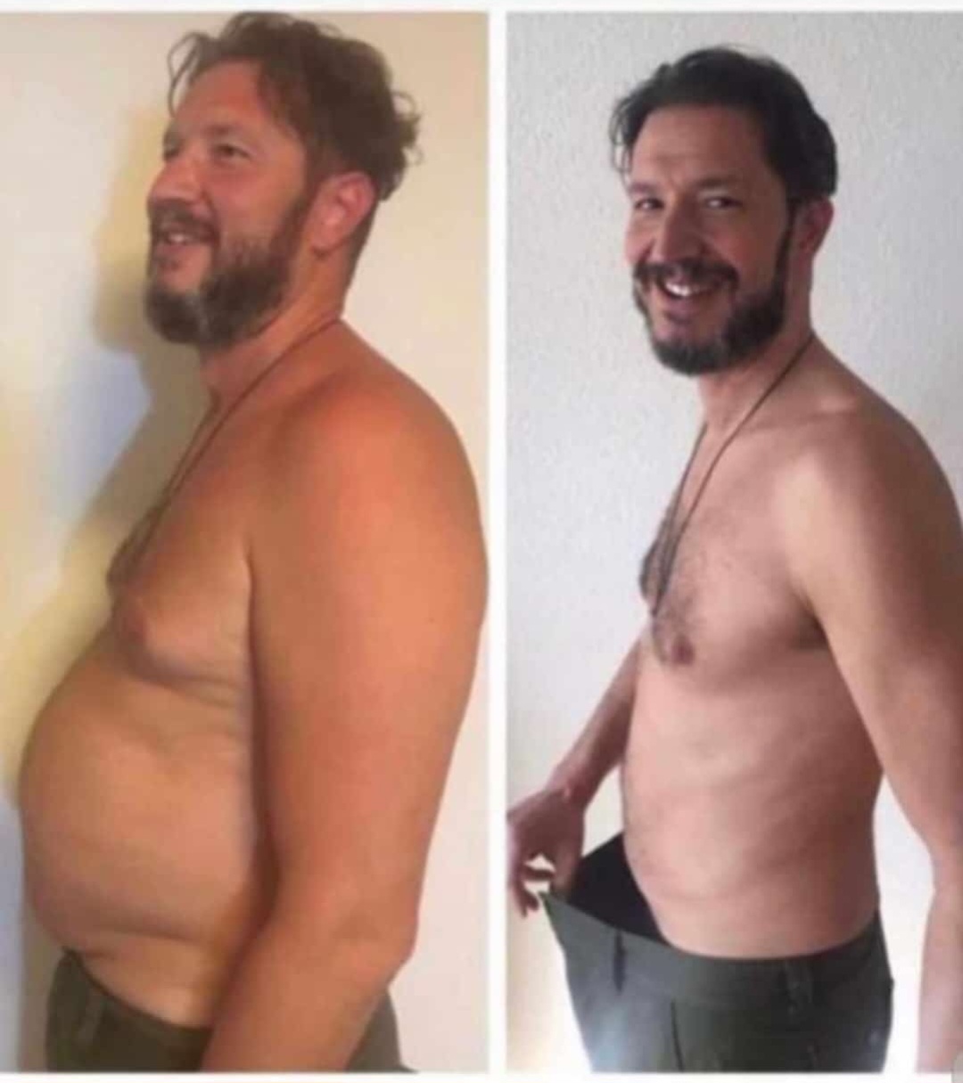 Zwei Fotos zeigen einen bärtigen, lächelnden Mann vor und nach Gewichtsverlust.