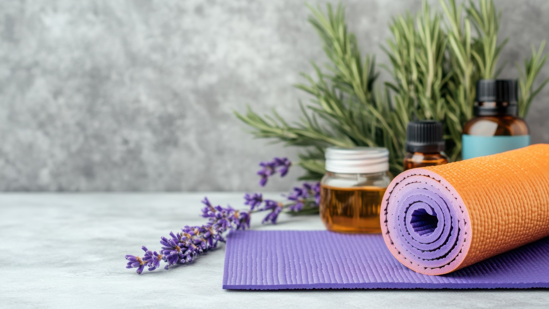 Ein Fitnessstudio mit einer Yogamatte, Kräutertee und ätherischen Ölen, die einen ganzheitlichen Ansatz für Wellness und Entgiftung symbolisieren