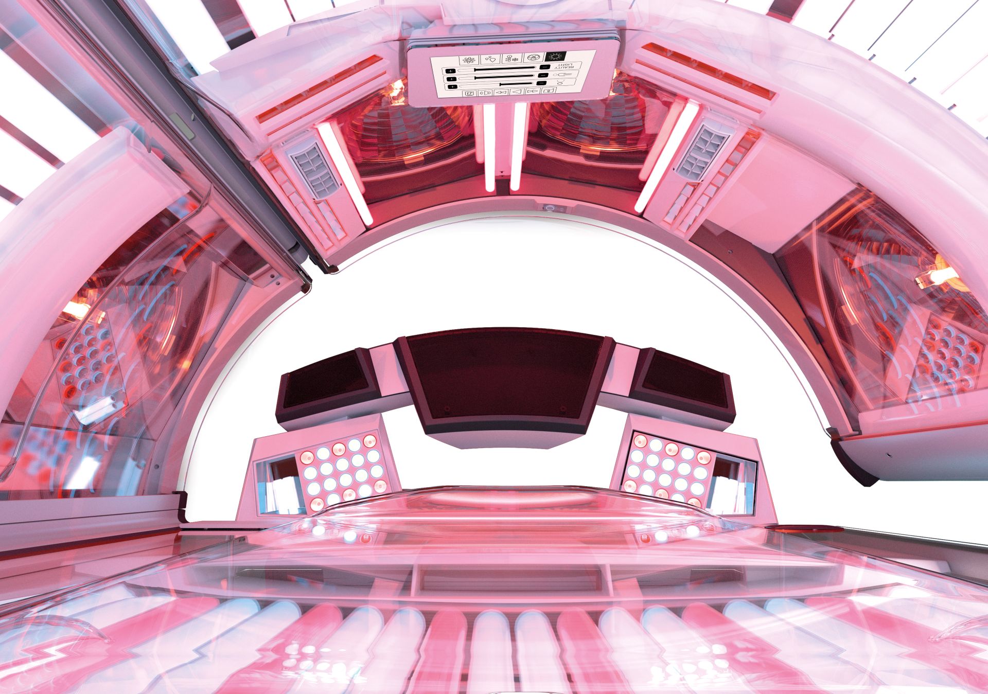 Solarium-Decke mit rosa Licht und modernen Bedienelementen, futuristisch und glänzend.